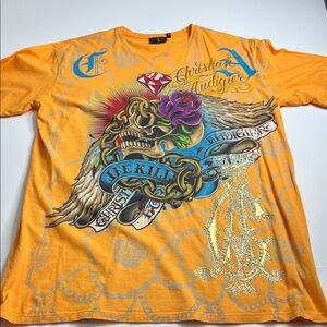 Christian Audigier Vibrant Orange Graphic Tee Rhinestones